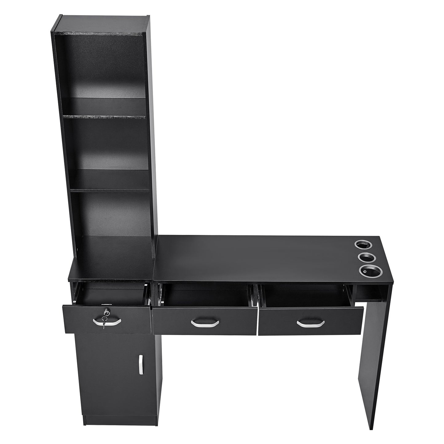 Salong Station, Väggmonterad Frisörsalong Station för frisör, Beauty Spa Möbelset, 1 förvaringsskåp, 3 öppna Cubbies och 3 lådor (en låsbar), svart