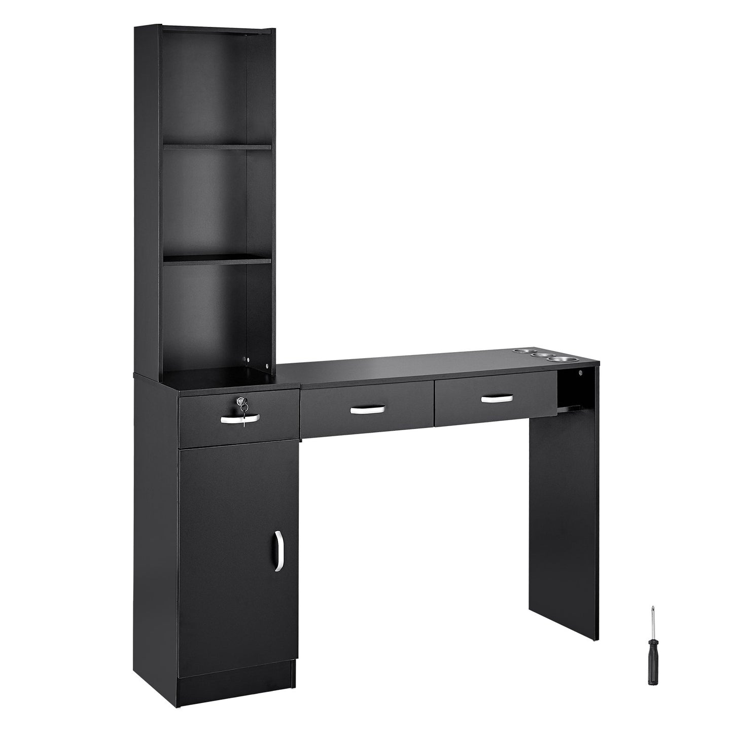 Salong Station, Väggmonterad Frisörsalong Station för frisör, Beauty Spa Möbelset, 1 förvaringsskåp, 3 öppna Cubbies och 3 lådor (en låsbar), svart