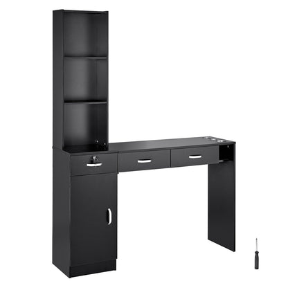 Salong Station, Väggmonterad Frisörsalong Station för frisör, Beauty Spa Möbelset, 1 förvaringsskåp, 3 öppna Cubbies och 3 lådor (en låsbar), svart