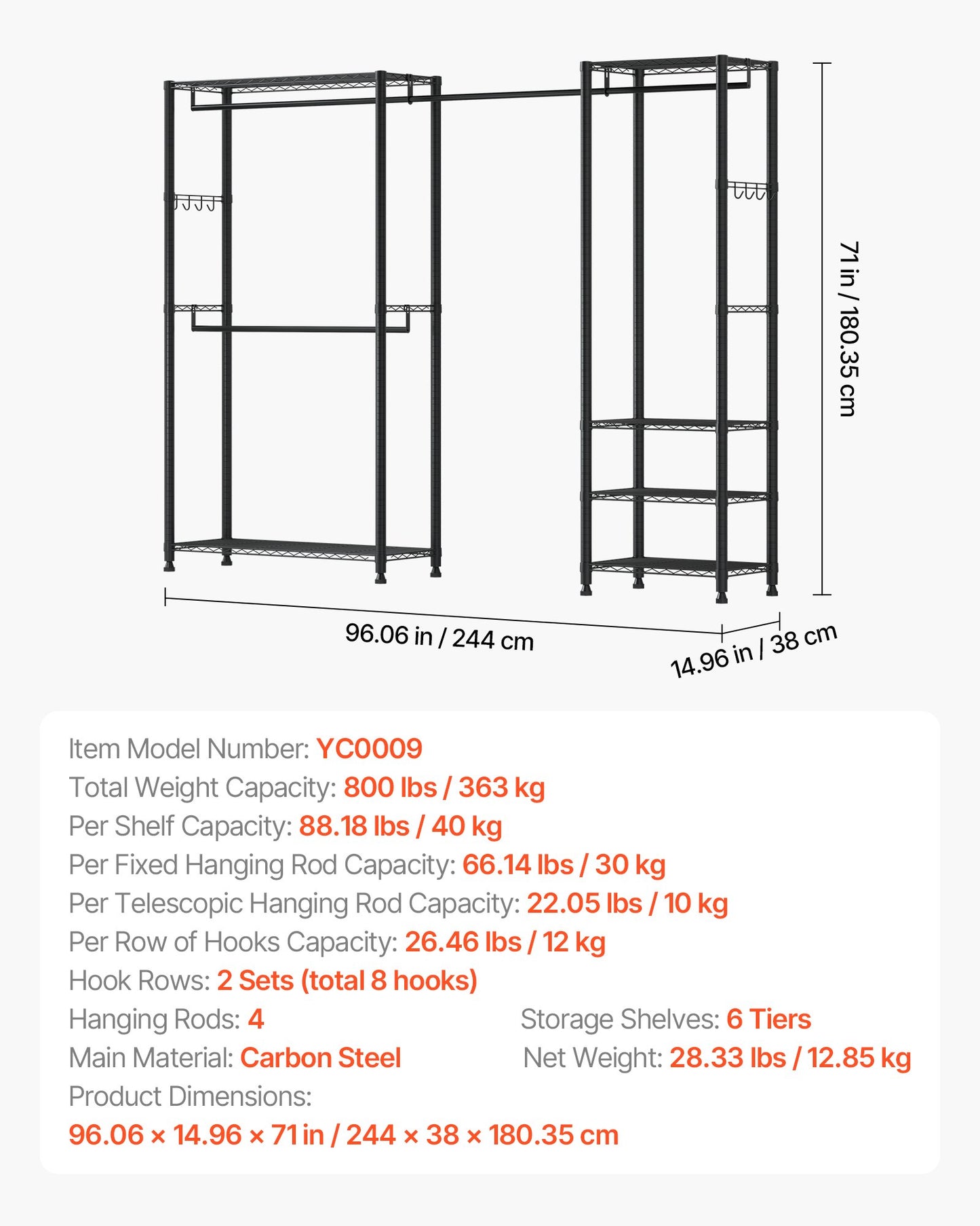 Clothing Garment Rack, Heavy Duty Clothes Rack, Freestanding Clothes Racks with Steel Frame, 800 lbs Load Capacity Closet Wardrobe with Storage Shelves for Bedroom, Clothing Store, Hallway
