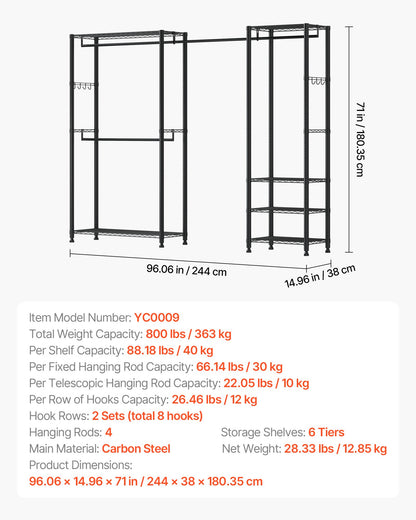 Clothing Garment Rack, Heavy Duty Clothes Rack, Freestanding Clothes Racks with Steel Frame, 800 lbs Load Capacity Closet Wardrobe with Storage Shelves for Bedroom, Clothing Store, Hallway