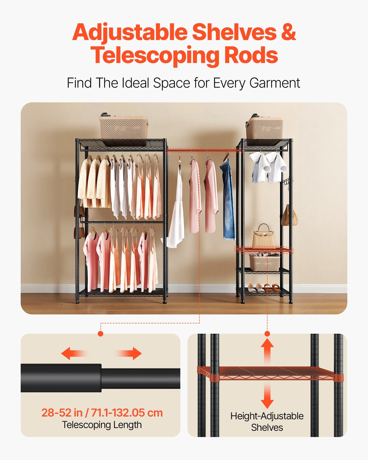 Clothing Garment Rack, Heavy Duty Clothes Rack, Freestanding Clothes Racks with Steel Frame, 800 lbs Load Capacity Closet Wardrobe with Storage Shelves for Bedroom, Clothing Store, Hallway