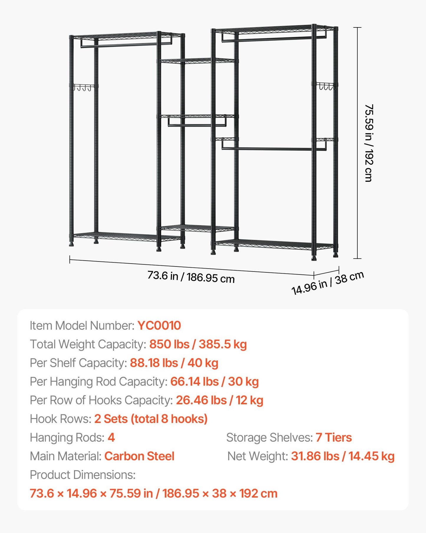 Clothing Garment Rack, Heavy Duty Closet Wardrobe, 7 Adjustable Tiers Clothes Racks with Steel Frame, 850 lbs Load Capacity Clothes Rack with 4 Hanging Rods for Bedroom, Clothing Store, Hallway