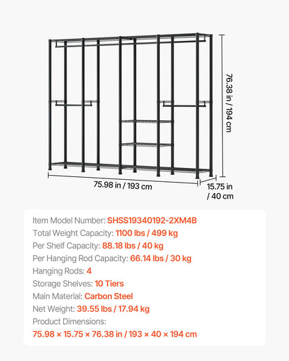 Clothing Garment Rack, Heavy Duty Closet Wardrobe, Adjustable Tiers Clothes Racks with Steel Frame, 1100 lbs Load Capacity Clothes Rack with 4 Hanging Rods for Bedroom, Clothing Store, Hallway