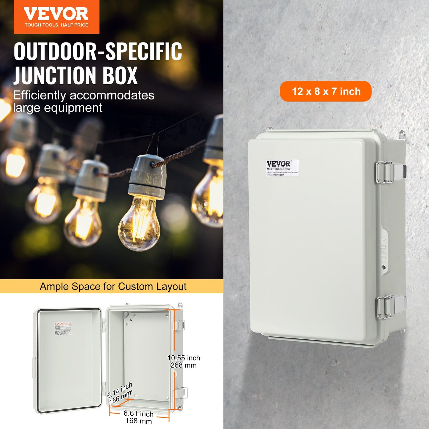 Outdoor Electrical Junction Box, 11.81 x 7.87 x 7.08 inches, ABS Plastic Electrical Box with Hinged Stainless Steel Latch, IP67 Dustproof Waterproof for Outdoor Electrical Projects