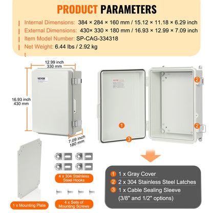 Outdoor Electrical Junction Box, 16.93 x 12.99 x 7.09 in, ABS Plastic Electrical Enclosure Box with Hinged Cover Stainless Steel Latch, IP67 Dustproof Waterproof for Outdoor Electrical Projects