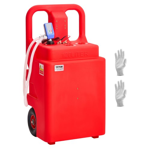 Fuel Caddy, 32 Gallon, Portable Fuel Tank with 12V DC 2.5 GPM Electric Fuel Transfer Pump, 4 ft Delivery Hose & Auto-Stop Sensor Nozzle, Tank Adapters, Suitable for Diesel & Gasoline, Red