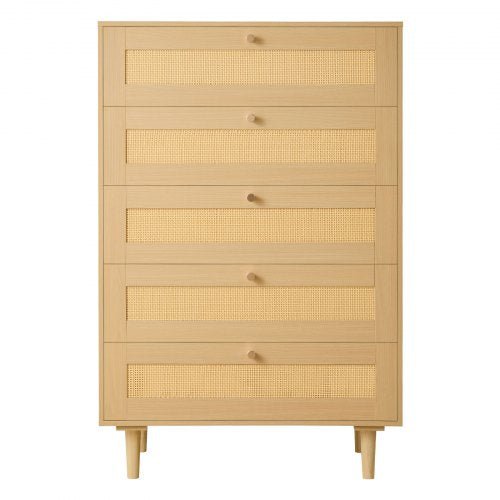 5 Drawer Rattan Dresser, Modern Closet Dresser for Bedroom, Natural Rattan Chest of Drawers with Metal Handles & Wooden Legs, Chest Clothing Organizer & Storage for Bedroom, Living Room, Hallway