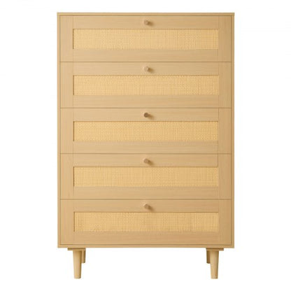 5 Drawer Rattan Dresser, Modern Closet Dresser for Bedroom, Natural Rattan Chest of Drawers with Metal Handles & Wooden Legs, Chest Clothing Organizer & Storage for Bedroom, Living Room, Hallway
