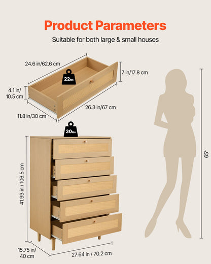 5 Drawer Rattan Dresser, Modern Closet Dresser for Bedroom, Natural Rattan Chest of Drawers with Metal Handles & Wooden Legs, Chest Clothing Organizer & Storage for Bedroom, Living Room, Hallway
