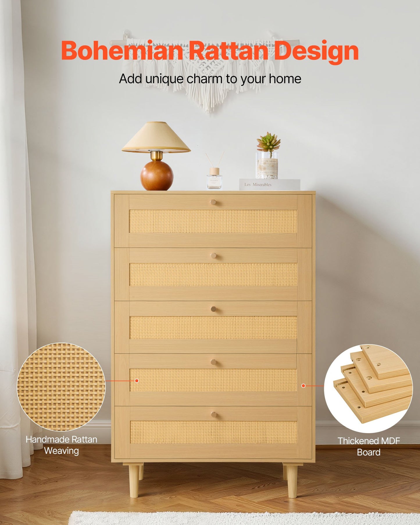 5 Drawer Rattan Dresser, Modern Closet Dresser for Bedroom, Natural Rattan Chest of Drawers with Metal Handles & Wooden Legs, Chest Clothing Organizer & Storage for Bedroom, Living Room, Hallway