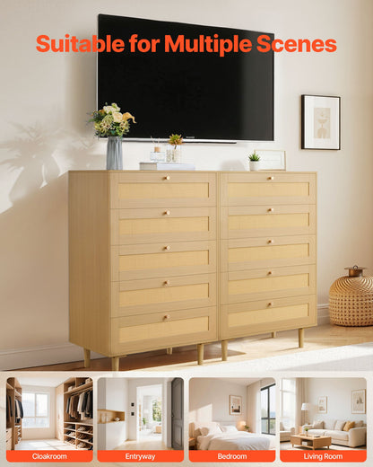 5 Drawer Rattan Dresser, Modern Closet Dresser for Bedroom, Natural Rattan Chest of Drawers with Metal Handles & Wooden Legs, Chest Clothing Organizer & Storage for Bedroom, Living Room, Hallway