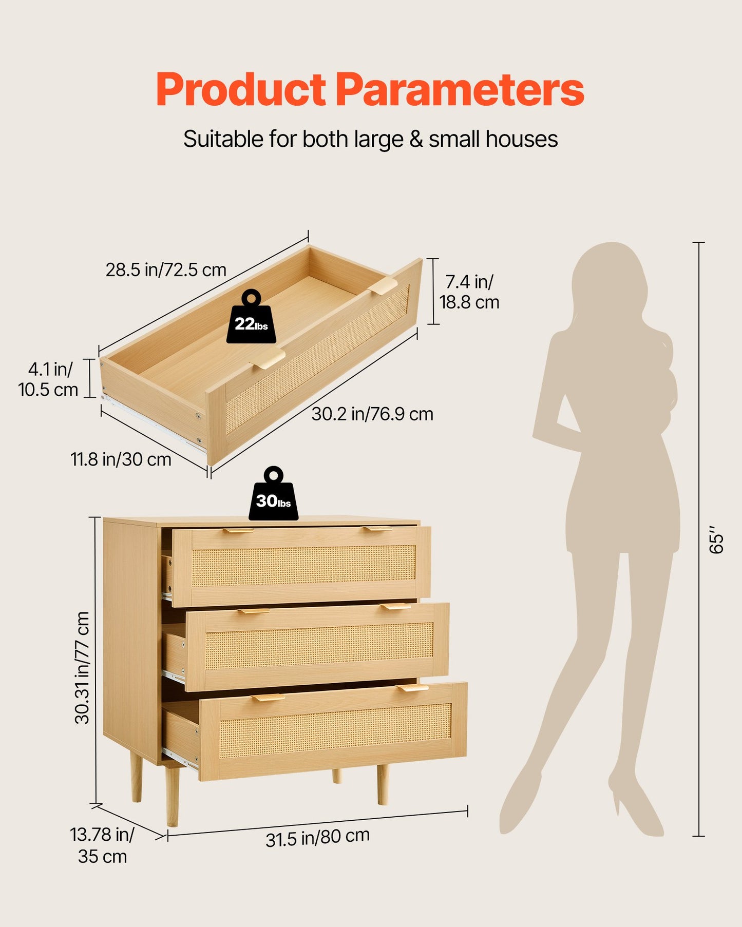 3 Drawer Rattan Dresser, Modern Closet Dresser for Bedroom, Natural Rattan Chest of Drawers with Metal Handles & Wooden Legs, Chest Clothing Organizer & Storage for Bedroom, Living Room, Hallway