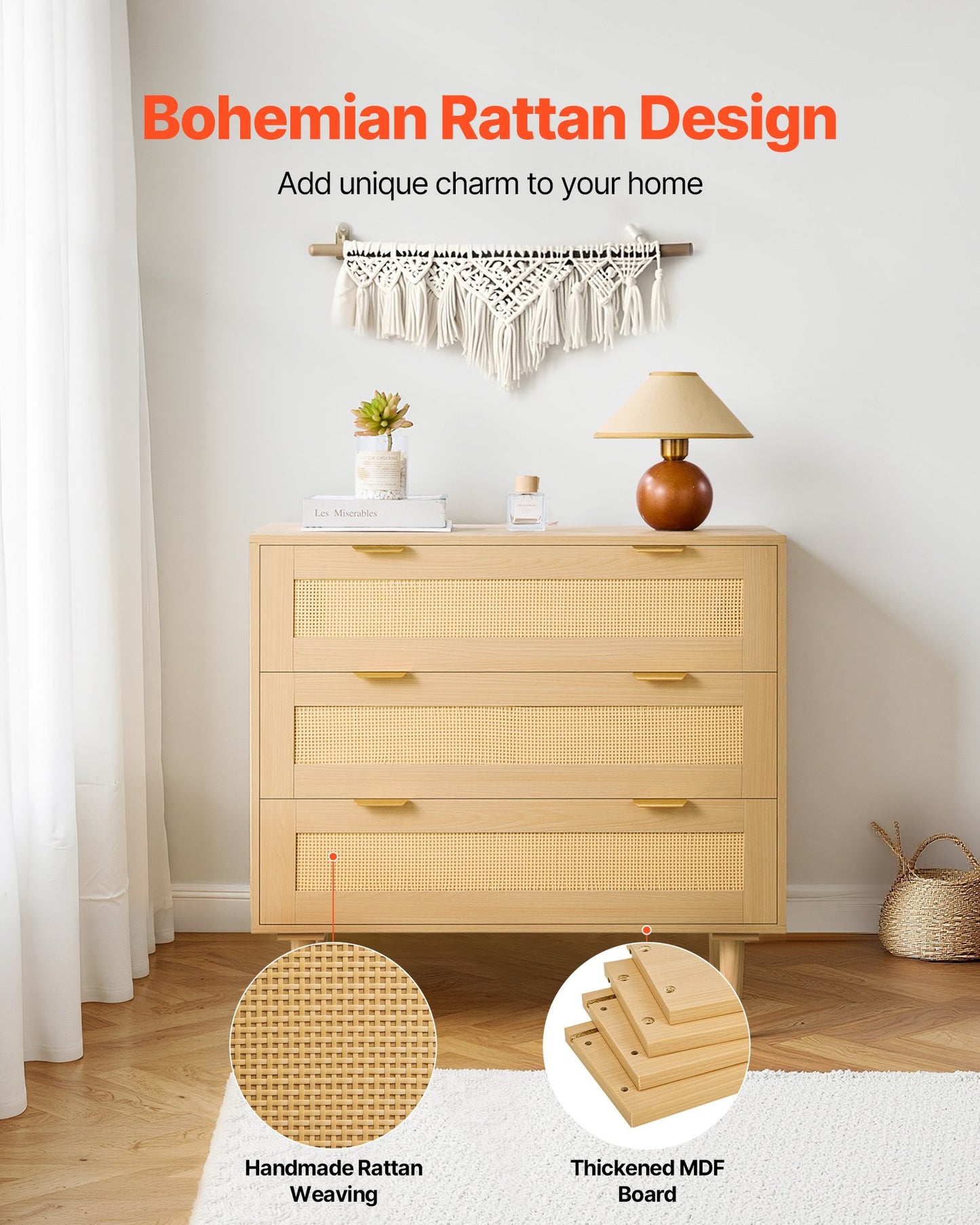 3 Drawer Rattan Dresser, Modern Closet Dresser for Bedroom, Natural Rattan Chest of Drawers with Metal Handles & Wooden Legs, Chest Clothing Organizer & Storage for Bedroom, Living Room, Hallway