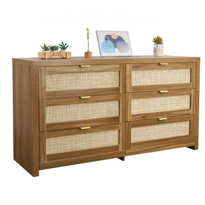 6 Drawer Rattan Dresser, Double Dresser for Bedroom, Natural Rattan Chest of Drawer with Metal Handle, Modern Wood Chest Clothing Organizer & Storage for Bedroom, Living Room, Hallway, Walnut