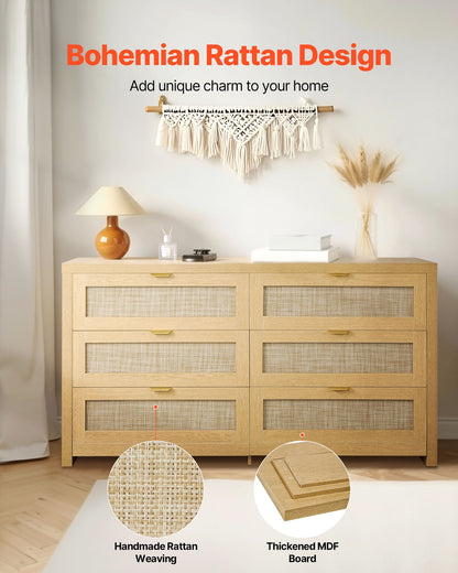 6 Drawer Rattan Dresser, Double Dresser for Bedroom, Natural Rattan Chest of Drawer with Metal Handle, Modern Wood Chest Clothing Organizer & Storage for Bedroom, Living Room, Hallway, Burlywood