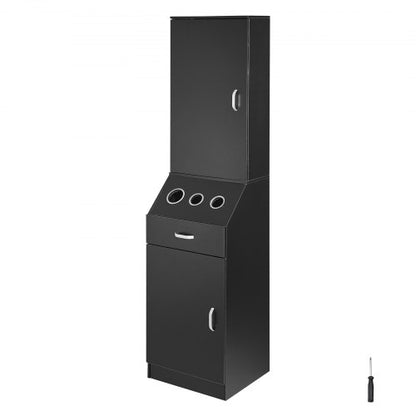 Salon Organizer, Station Unit for Hair Professionals, Equipped with 3 Holders for Hair Dryers, Storage Spaces, and a Single Drawer, in Black