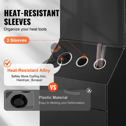 Salon Förvaringsskåp, Frisörsalong Station för frisör, Hårstylist Station Set, med 3 hårtorkhållare, skåp och en låda, svart