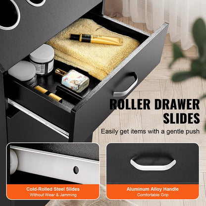 Salon Förvaringsskåp, Frisörsalong Station för frisör, Hårstylist Station Set, med 3 hårtorkhållare, skåp och en låda, svart