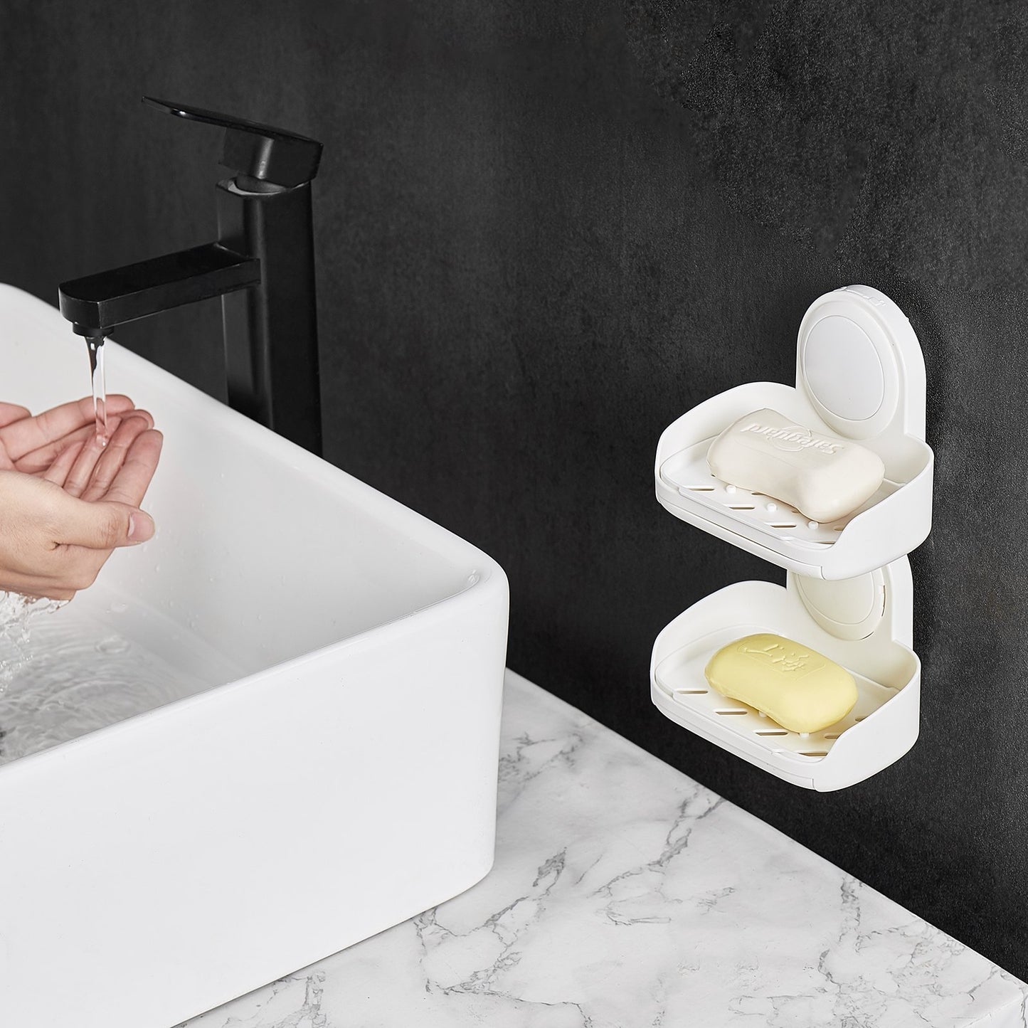 Soap Holder for Shower, Double Layer with Suction Cup, Wall Mounted NO-Drilling, Strong Suction Bar Soap Sponge Holder, Self Draining Soap Saver, for Shower Bathroom Bathtub Kitchen, Removable