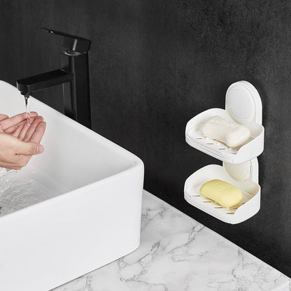 Soap Holder for Shower, Double Layer with Suction Cup, Wall Mounted NO-Drilling, Strong Suction Bar Soap Sponge Holder, Self Draining Soap Saver, for Shower Bathroom Bathtub Kitchen, Removable