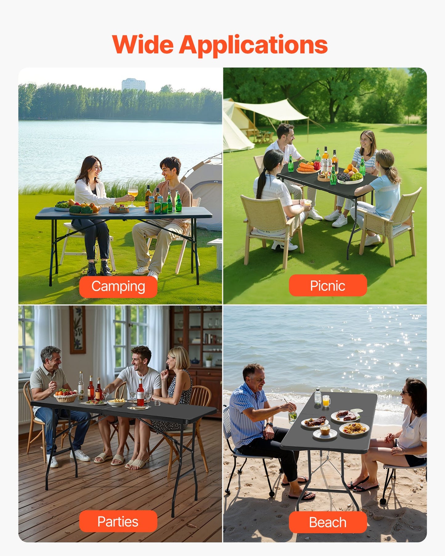 Folding Table, 6 Ft Heavy Duty Portable Fold-in-Half Utility Table, Indoor Outdoor Plastic Rectangle Table with Built in Handle, for Party, Dining, Wedding, Events, Picnic, Camping, Black