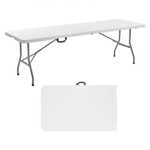 Folding Table, 8 Ft Heavy Duty Portable Fold-in-Half Utility Table, Indoor Outdoor Plastic Rectangle Table with Built in Handle, for Party, Dining, Wedding, Events, Picnic, Camping, White