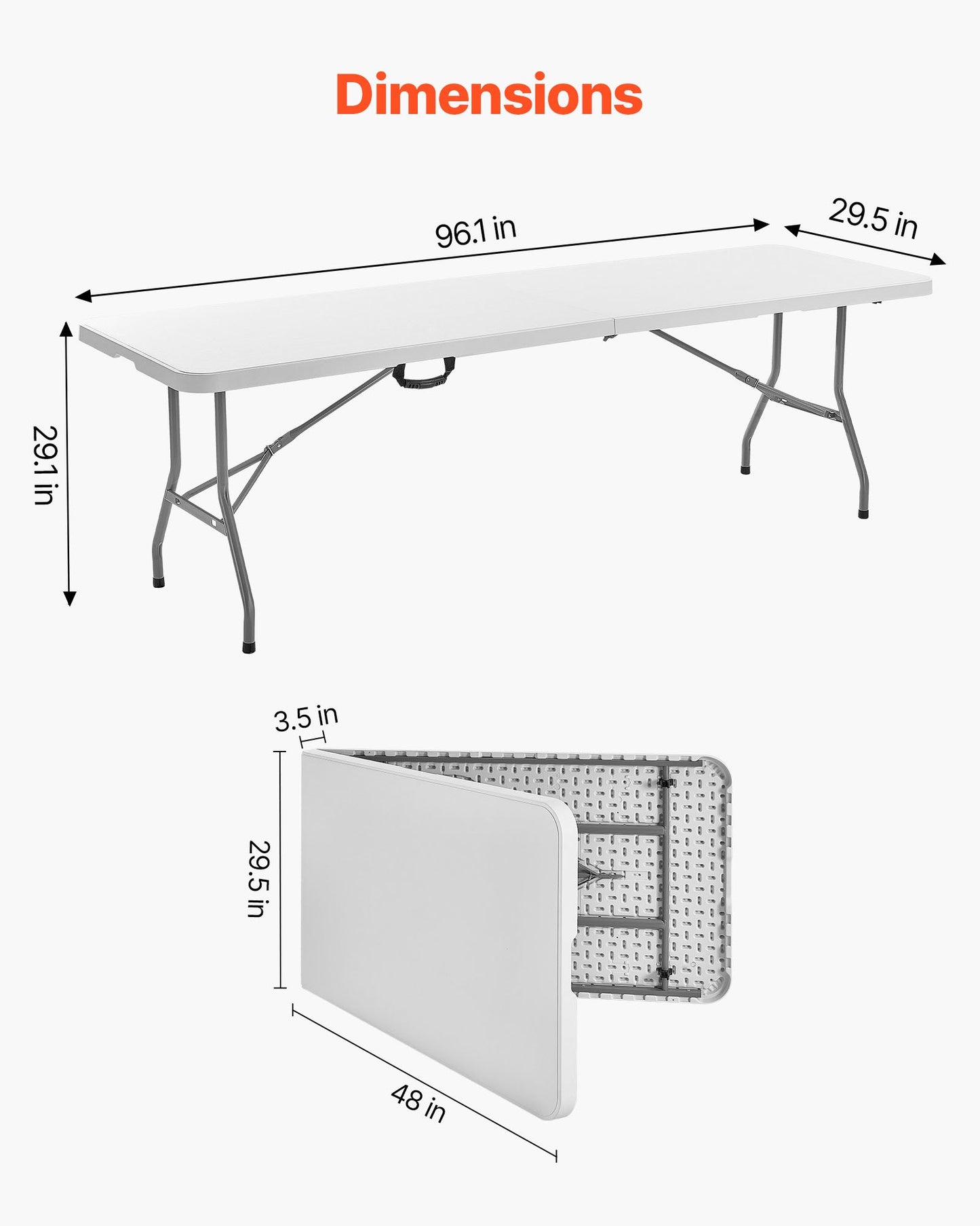 Folding Table, 8 Ft Heavy Duty Portable Fold-in-Half Utility Table, Indoor Outdoor Plastic Rectangle Table with Built in Handle, for Party, Dining, Wedding, Events, Picnic, Camping, White