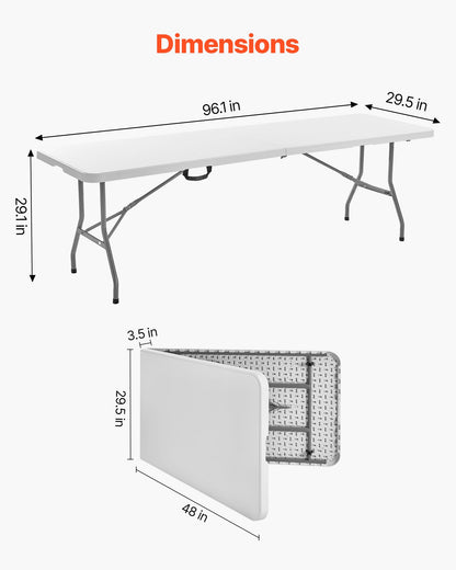 Folding Table, 8 Ft Heavy Duty Portable Fold-in-Half Utility Table, Indoor Outdoor Plastic Rectangle Table with Built in Handle, for Party, Dining, Wedding, Events, Picnic, Camping, White