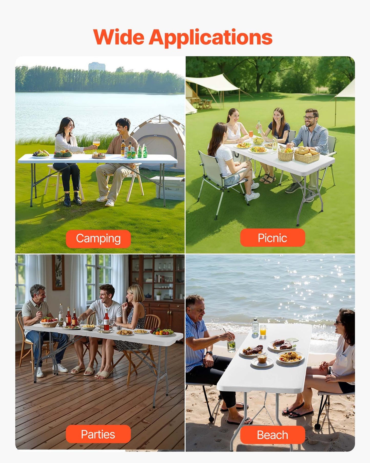Folding Table, 8 Ft Heavy Duty Portable Fold-in-Half Utility Table, Indoor Outdoor Plastic Rectangle Table with Built in Handle, for Party, Dining, Wedding, Events, Picnic, Camping, White