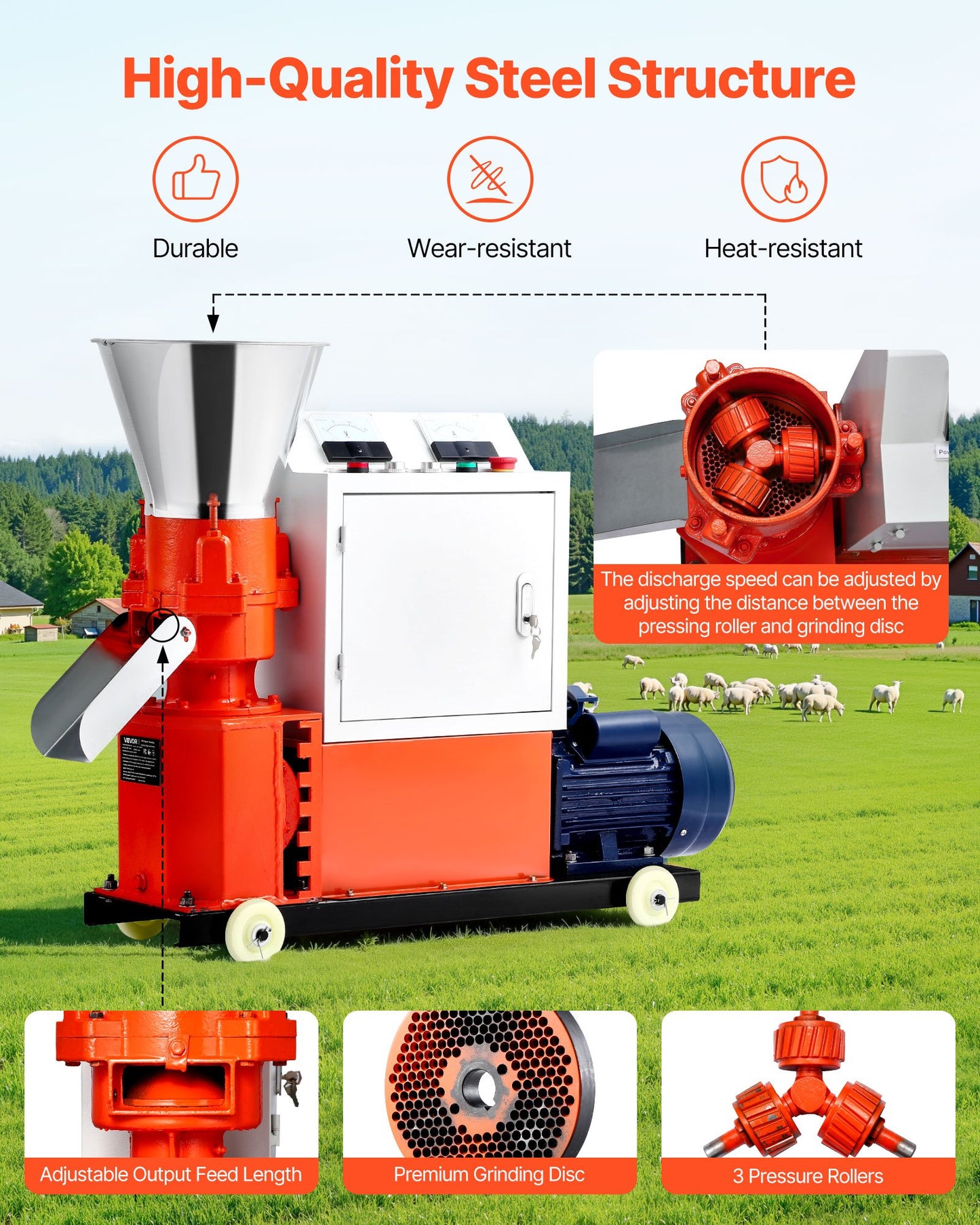 Feed Pellet Mill Machine, 4 mm Animal Feed Pellet Making Machine, 3KW 240V Animal Food Granulator Mill Machines with 3 Pressure Rollers & 4 Wheels, Ideal for Poultry, Livestock, Farm Animals