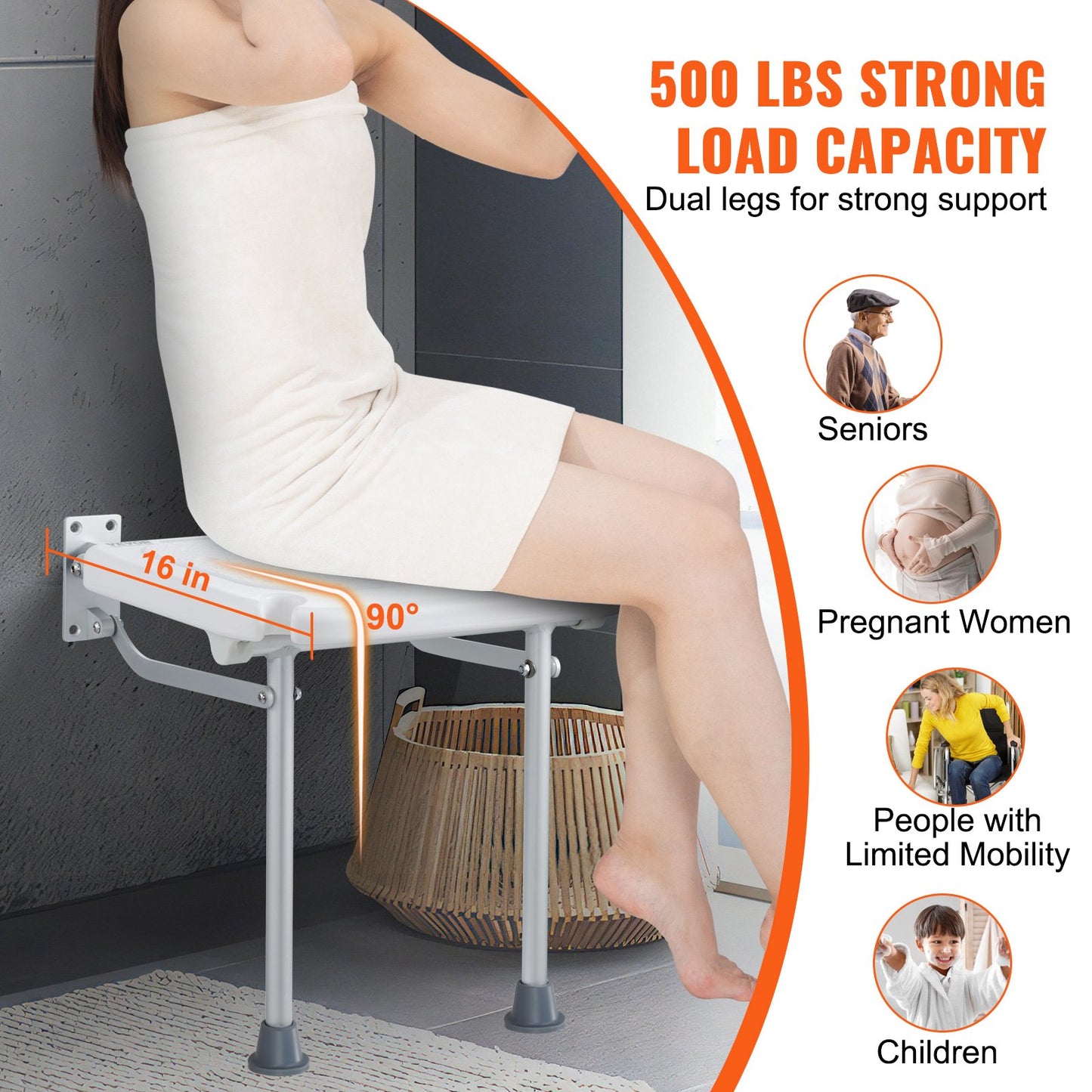 Folding PE Shower Seat, 15.7'' x 14.8'' Unfolded, Wall Mounted Fold Up Shower Bench with 500 lbs Load Capacity, Space Saving Fold Down Shower Chair for Seniors Pregnant Women Children Adults