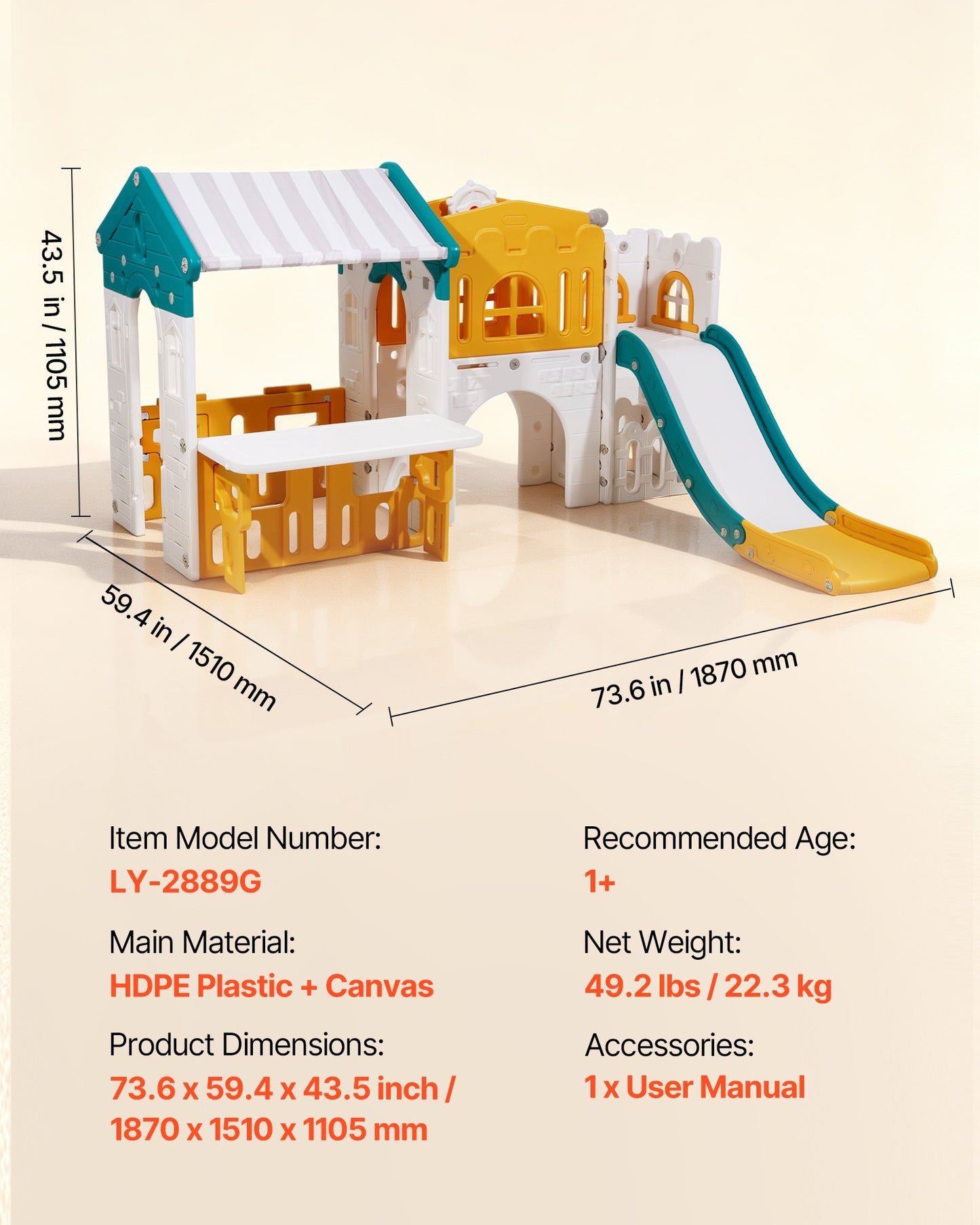 Outdoor Playhouse, Versatile Toddler Playground with Slide, Basketball, Telescope, Steering Wheel, Crawling Tunnel, Sales Window, Toddler Playset for Aged 1+, Open Play Structure, HDPE Plastic