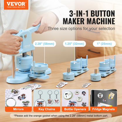 Button Maker, 1/1.25/2.28 inch (25/32/58 mm) 3-In-1 Pin Maker, 300pcs Button Parts, Button Maker Machine with Panda Magic Book, Ergonomic Bow Handle Punch Press Kit, For Kids DIY Gifts, Blue