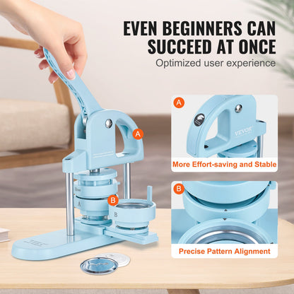 3-IN-1 Button Maker, 1/1.25/2.28 inch(25/32/58mm) Pin Maker, 300pcs Button Parts, Button Maker Machine with Panda Magic Book, Ergonomic Arc Handle Punch Press Kit, For Children DIY Gifts, Blue
