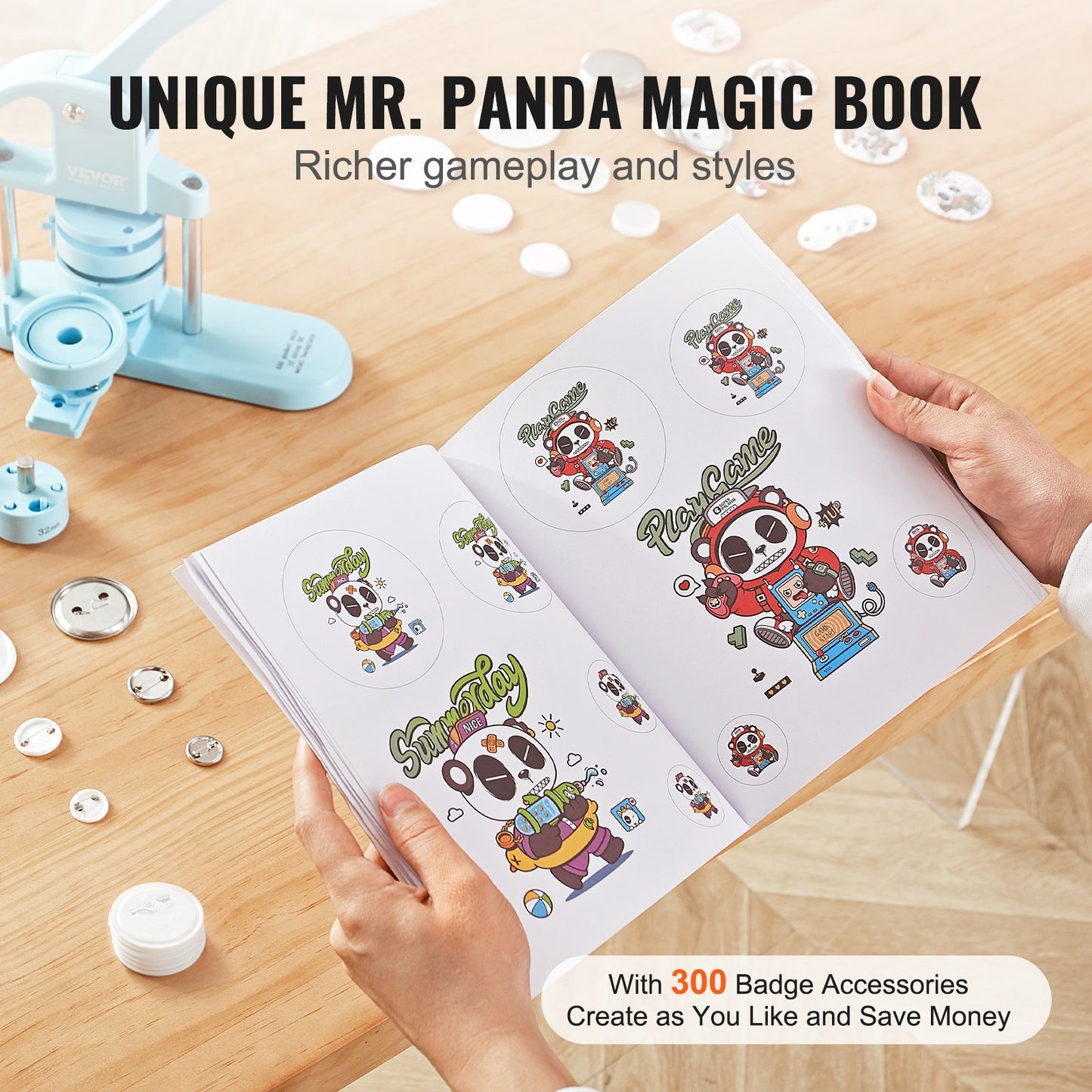 3-IN-1 Button Maker, 1/1.25/2.28 inch(25/32/58mm) Pin Maker, 300pcs Button Parts, Button Maker Machine with Panda Magic Book, Ergonomic Arc Handle Punch Press Kit, For Children DIY Gifts, Blue