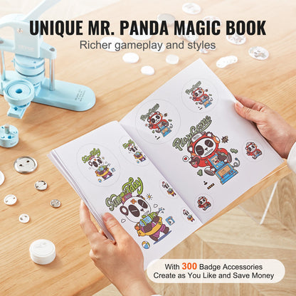 3-IN-1 Button Maker, 1/1.25/2.28 inch(25/32/58mm) Pin Maker, 300pcs Button Parts, Button Maker Machine with Panda Magic Book, Ergonomic Arc Handle Punch Press Kit, For Children DIY Gifts, Blue