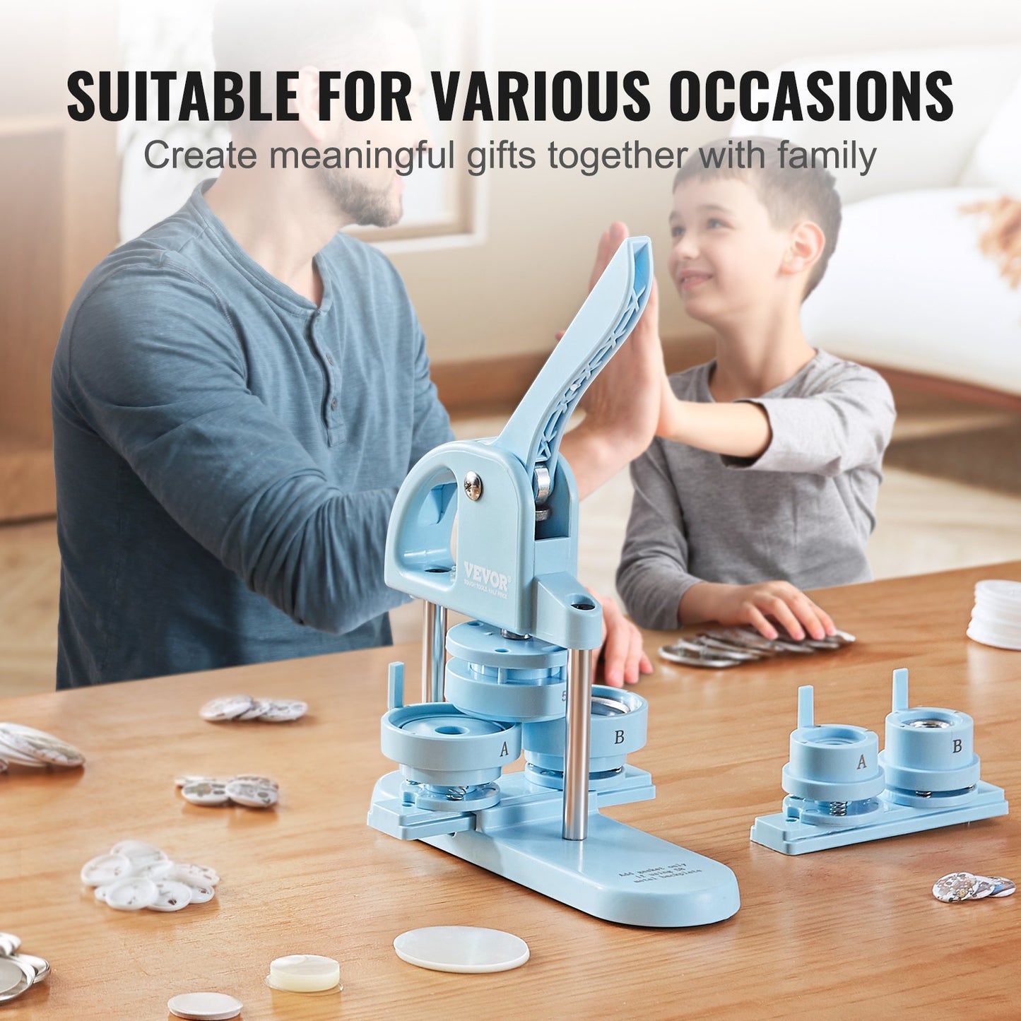 Button Maker, 1/1.25/2.28 inch (25/32/58 mm) 3-In-1 Pin Maker, 300pcs Button Parts, Button Maker Machine with Panda Magic Book, Ergonomic Bow Handle Punch Press Kit, For Kids DIY Gifts, Blue