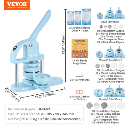 3-IN-1 Button Maker, 1/1.25/2.28 inch(25/32/58mm) Pin Maker, 300pcs Button Parts, Button Maker Machine with Panda Magic Book, Ergonomic Arc Handle Punch Press Kit, For Children DIY Gifts, Blue