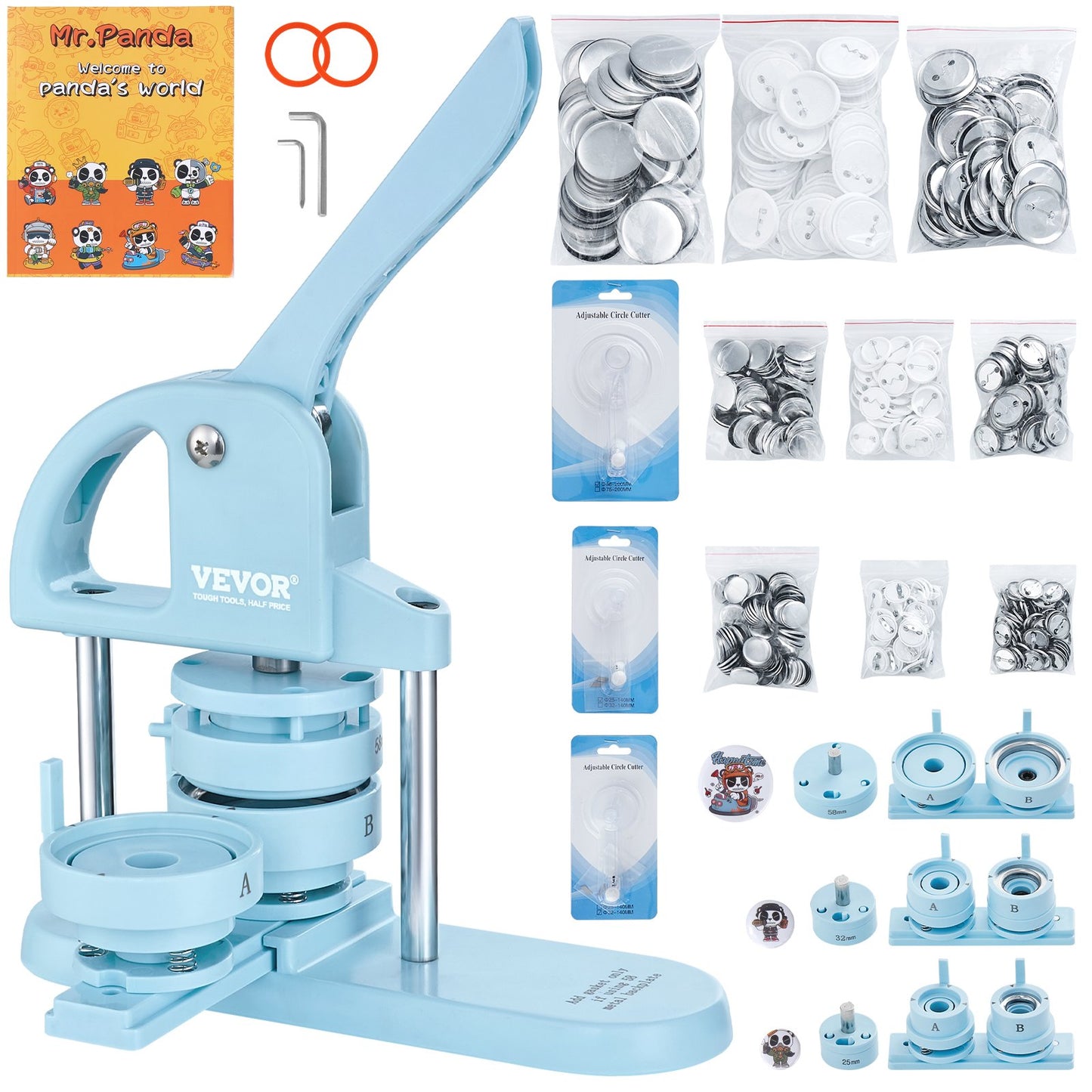 Button Maker, 1/1.25/2.28 inch (25/32/58 mm) 3-In-1 Pin Maker, 300pcs Button Parts, Button Maker Machine with Panda Magic Book, Ergonomic Bow Handle Punch Press Kit, For Kids DIY Gifts, Blue