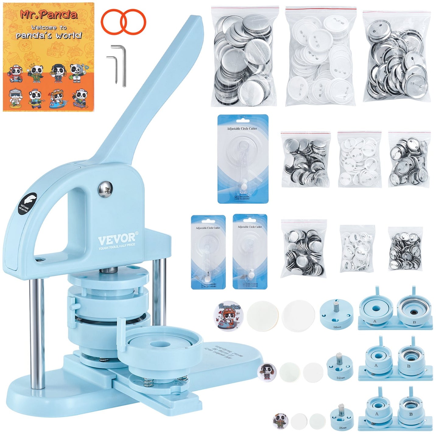 Button Maker, 1/1.25/2.28 inch (25/32/58 mm) 3-In-1 Pin Maker, 300pcs Button Parts, Button Maker Machine with Panda Magic Book, Ergonomic Bow Handle Punch Press Kit, For Kids DIY Gifts, Blue