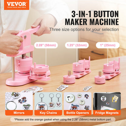 Button Maker, 1/1.25/2.28 inch (25/32/58 mm) 3-In-1 Pin Maker, 300pcs Button Parts, Button Maker Machine with Panda Magic Book, Ergonomic Bow Handle Punch Press Kit, For Kids DIY Gifts, Pink
