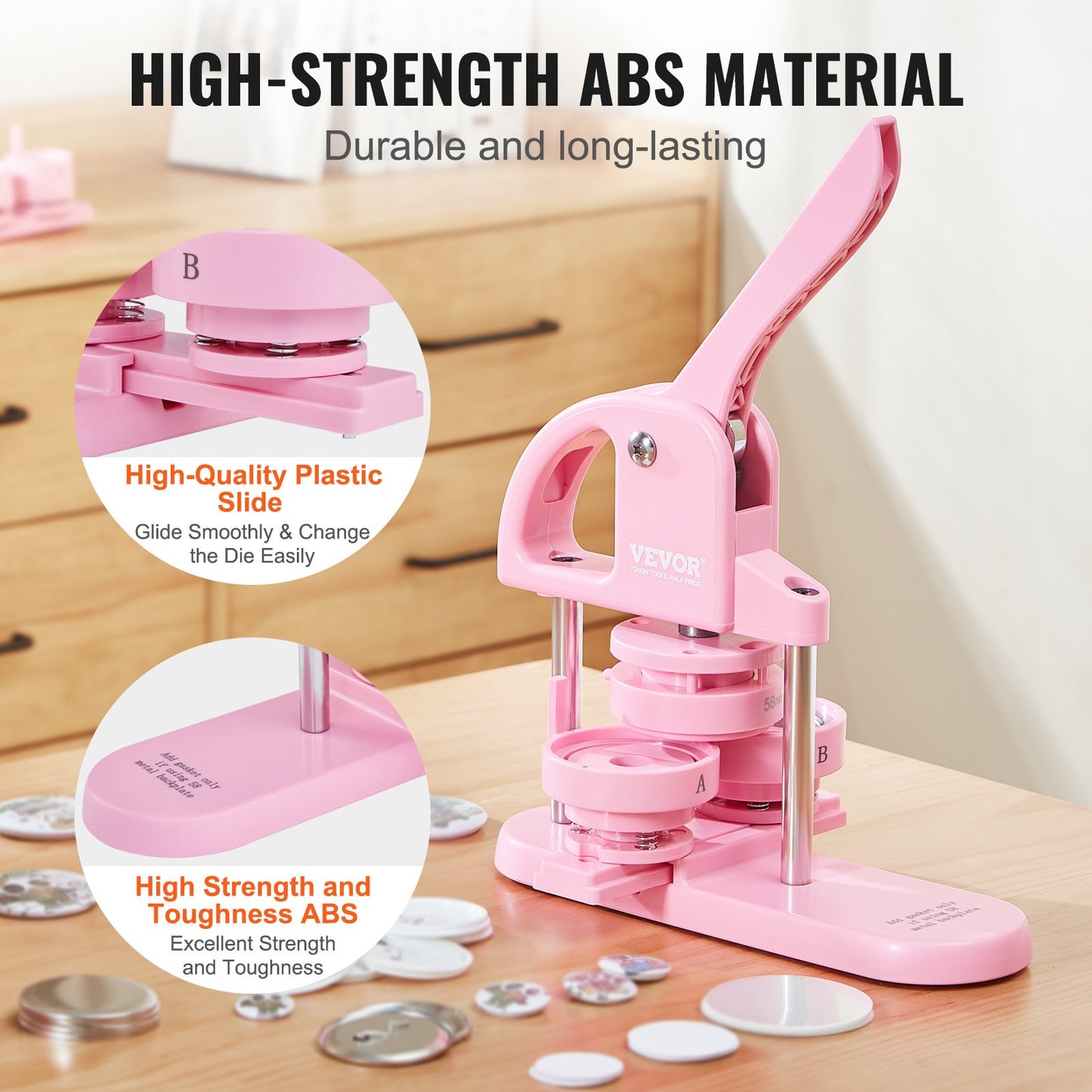 Button Maker, 1/1.25/2.28 inch (25/32/58 mm) 3-In-1 Pin Maker, 300pcs Button Parts, Button Maker Machine with Panda Magic Book, Ergonomic Bow Handle Punch Press Kit, For Kids DIY Gifts, Pink