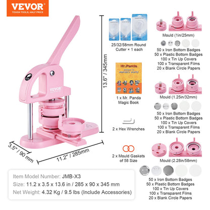 3-IN-1 Button Maker, 1/1.25/2.28 inch(25/32/58mm) Pin Maker, 300pcs Button Parts,Button Maker Machine with Panda Magic Book, Ergonomic Arc Handle Punch Press Kit, For Children DIY Gifts, Pink