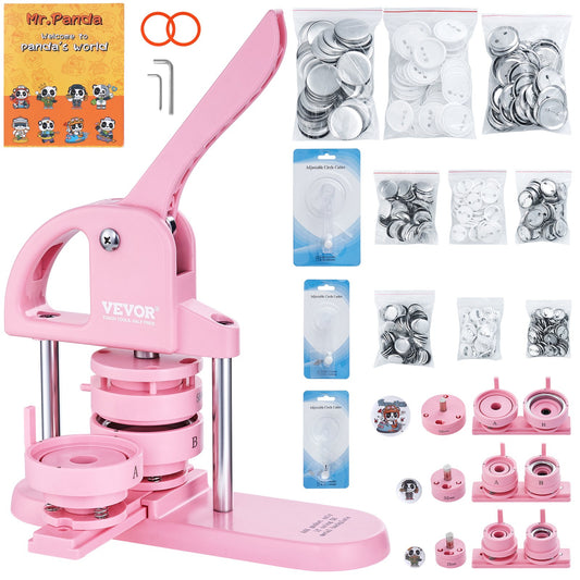 Button Maker, 1/1.25/2.28 inch (25/32/58 mm) 3-In-1 Pin Maker, 300pcs Button Parts, Button Maker Machine with Panda Magic Book, Ergonomic Bow Handle Punch Press Kit, For Kids DIY Gifts, Pink