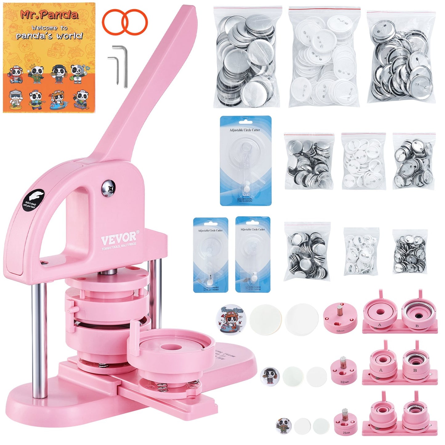 Button Maker, 1/1.25/2.28 inch (25/32/58 mm) 3-In-1 Pin Maker, 300pcs Button Parts, Button Maker Machine with Panda Magic Book, Ergonomic Bow Handle Punch Press Kit, For Kids DIY Gifts, Pink
