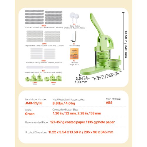 Knappmaskin, 32 mm / 58 mm 2-i-1, Plastnålstillverkare med 200 st knappdelar, Cirkelskärare och Magisk Bok, Förstärkt Ergonomiskt Handtag, För DIY-Brickor, Personliga Nålar, Grön |  EU