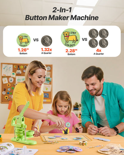 Button Maker Machine, 1.26/2.28 inch 2-in-1, Plastic Pin Maker with 200 pcs Button Parts, Circle Cutter and Magic Book, Reinforced Ergonomic Handle, for DIY Badges, Personalized Pins, Green