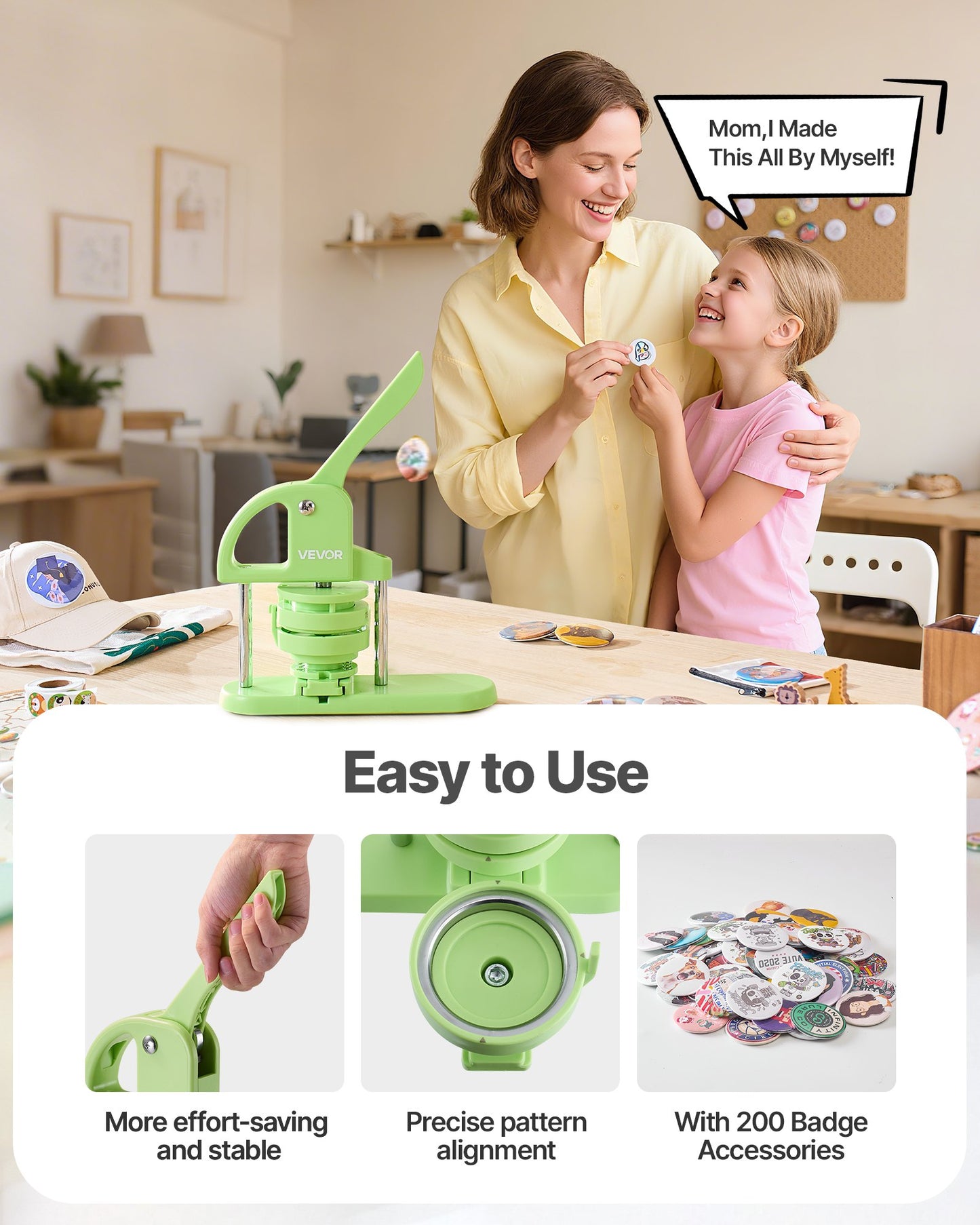 Button Maker Machine, 1.26/2.28 inch 2-in-1, Plastic Pin Maker with 200 pcs Button Parts, Circle Cutter and Magic Book, Reinforced Ergonomic Handle, for DIY Badges, Personalized Pins, Green