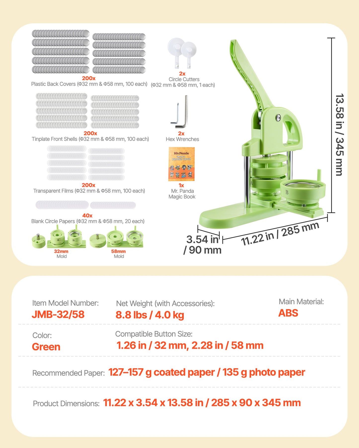 Button Maker Machine, 1.26/2.28 inch 2-in-1, Plastic Pin Maker with 200 pcs Button Parts, Circle Cutter and Magic Book, Reinforced Ergonomic Handle, for DIY Badges, Personalized Pins, Green